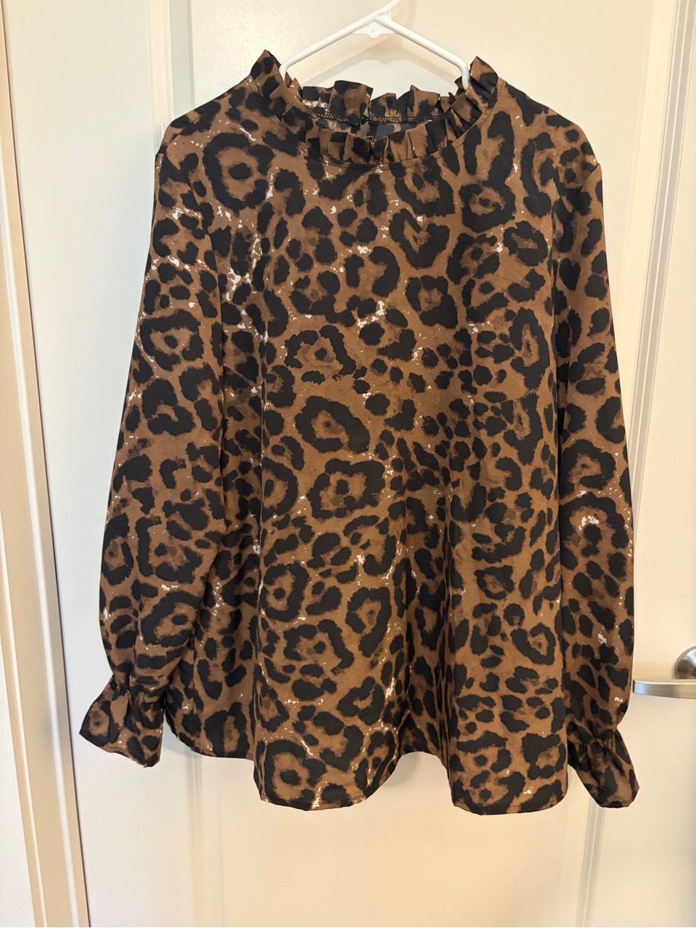 Leopard Print Ruffle-Neck Long Sleeve Blouse - Brown/Black